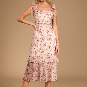 Lulus Terrace Views Taupe Floral Print Tiered MIDI Dress small